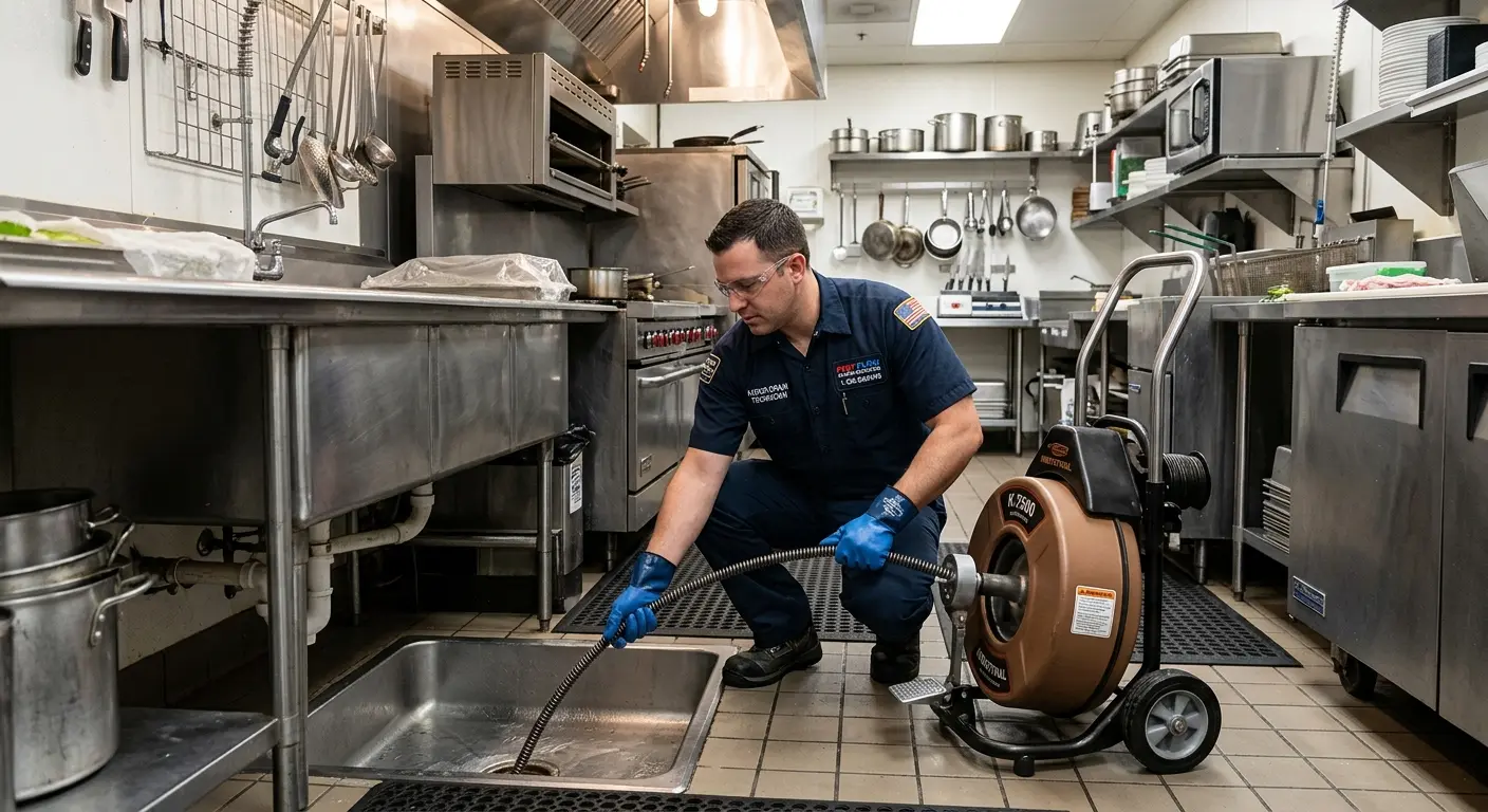 Commercial drain cleaning service in a restaurant kitchen in Syracuse