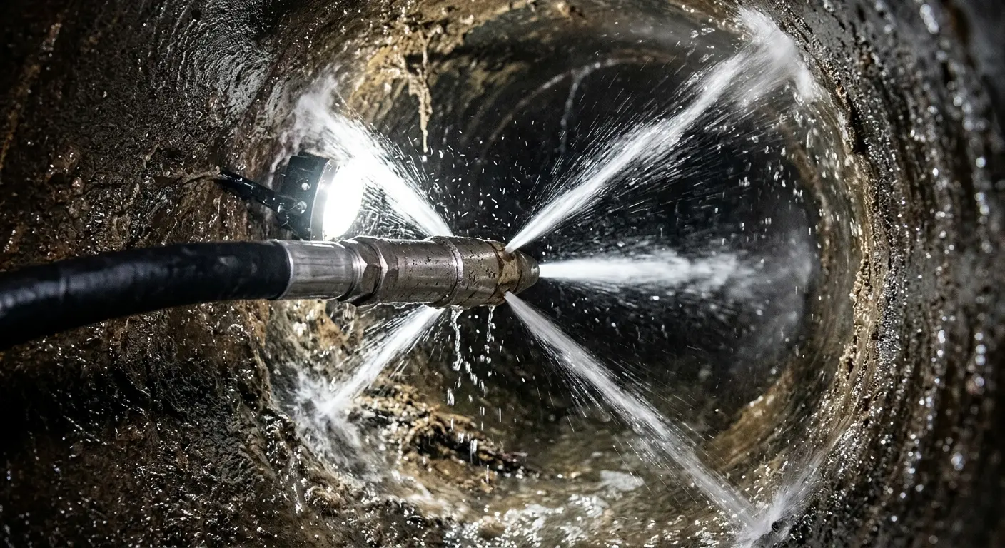 High-pressure hydro jetting nozzle cleaning sewer pipe for Emergency Drain Service in Syracuse
