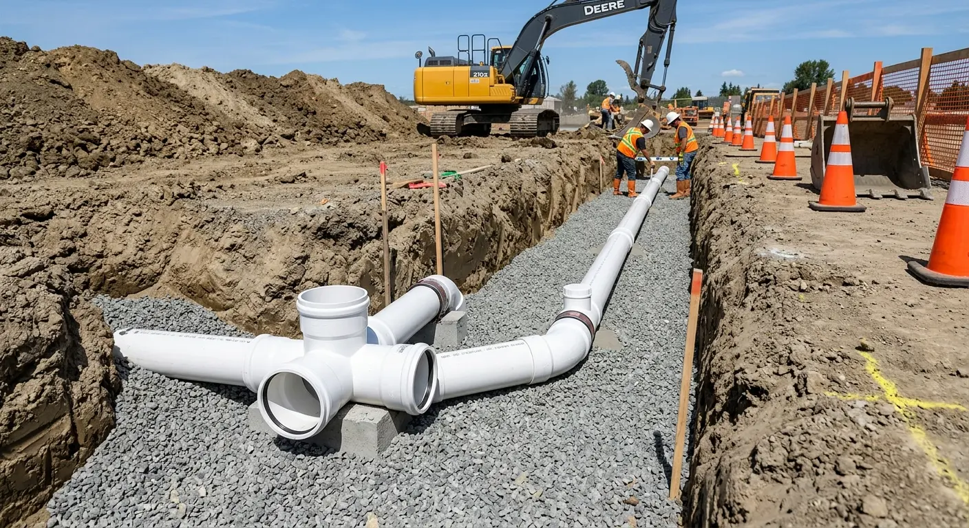 New PVC sewer pipe installation in open trench for Grease Trap Cleaning in Syracuse