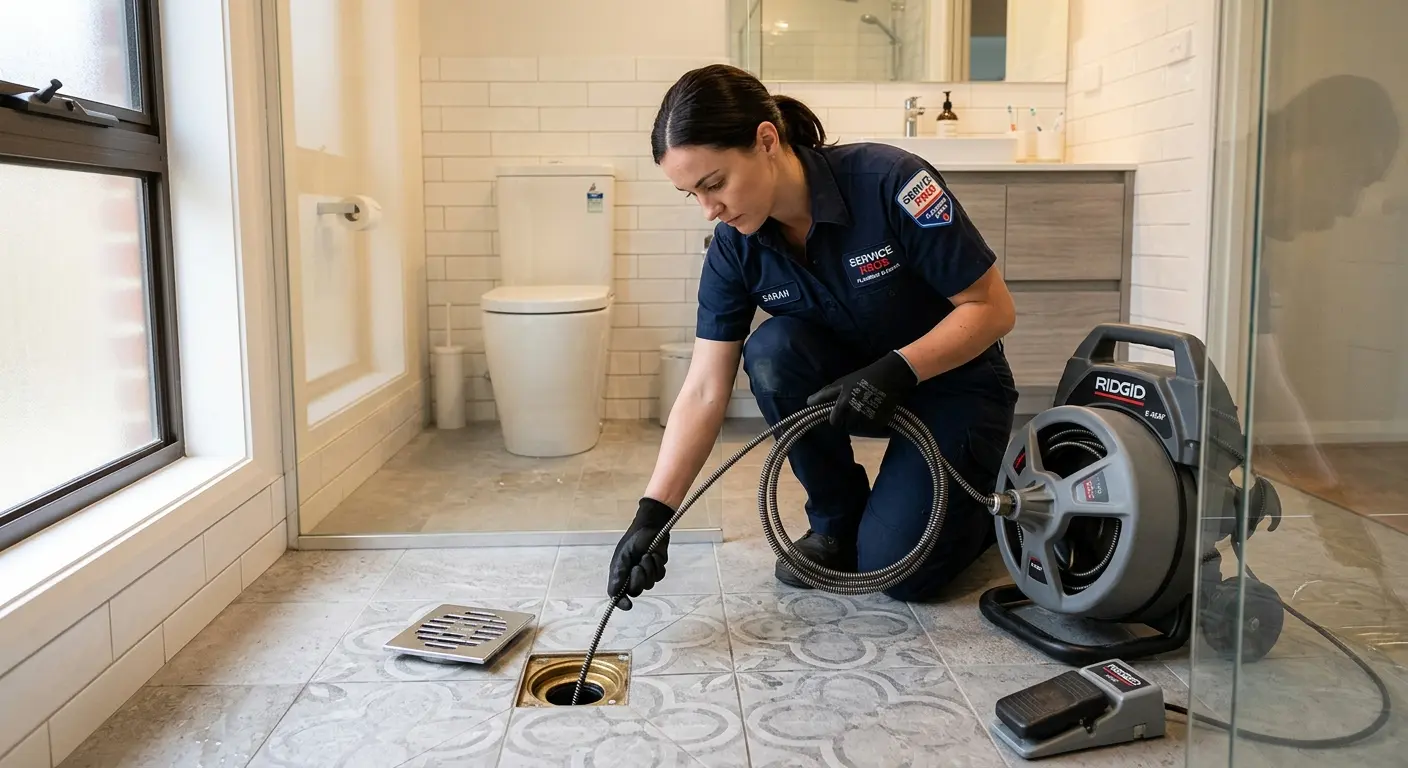 Technician clearing a bathroom floor drain for Sewer Line Installation in Syracuse